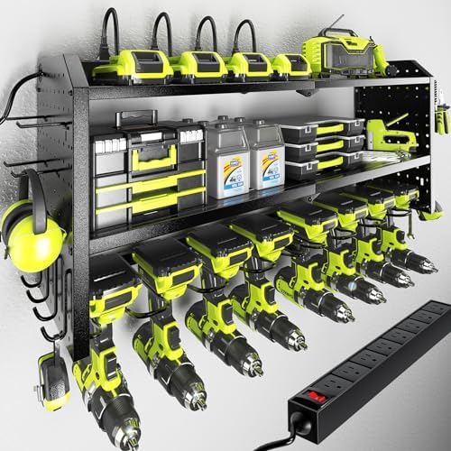 KAFAHOM Power Tool Organizer with Charging Station, Built in 8 Outlet Power Strip,Large 8 Drill Holder Wall Mount, Heavy Duty Metal Power Tool Storage Rack Tool Shelf for Garage Organization Black by KAFAHOM