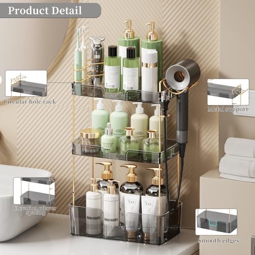 YCIA&DONE Bathroom Counter Organizer, Large Makeup Organizer Countertop, Shelf Storage, Vanity Tray, Easily Assemble for Bathroom Organizers and Storage, Undersink, Cabinet, 3 Tiers Grey - Image 2