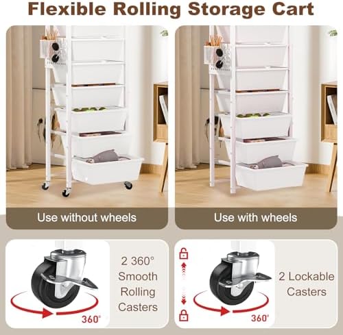 Rolling Cart with Drawers, Rolling Storage Cart with 8 Large Plastic Drawers & Wooden Tabletop, Utility Cart with Pegboards & Basket, Storage Drawers Cart for Living Room, Classroom, Bedroom, Office - Image 6