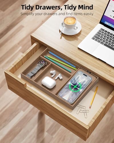 Valet Tray with Wireless Charger, Nightstand Organizer & Catchall Tray for Phone, Keys, Glasses and Accessories, Premium Linen, Stylish Desk & Bedside Storage Station - Image 5