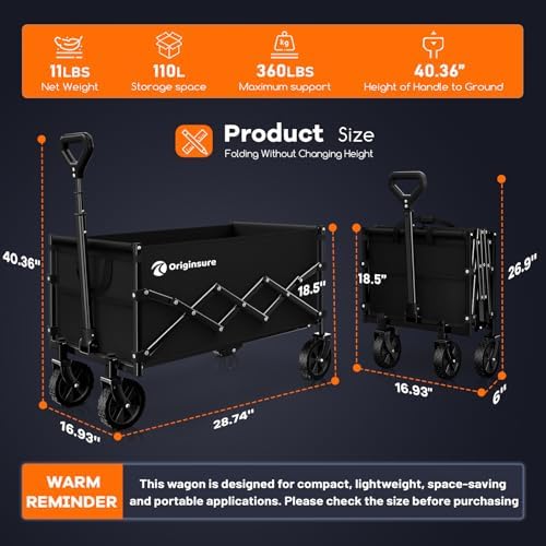 Originsure 110L Portable Collapsible Wagon Cart, 360lbs Heavy Duty, Black - Image 3