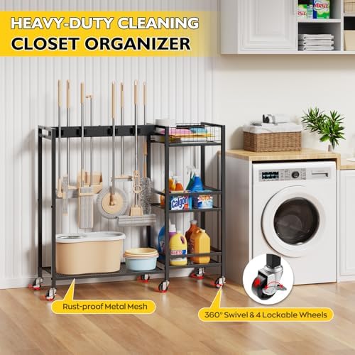 Broom Holder with Cleaning Supplies Organizer, Movable Broom Closet Storage Cabinet with Cleaning Caddy, Cleaning Cart with Mop Rack, Janitorial Housekeeping Cart on Wheels, Laundry Room Organization - Image 6