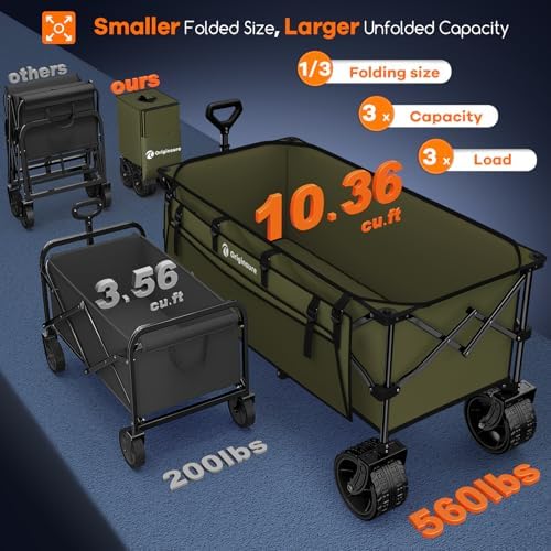 Originsure 300L Beach Wagons Carts Foldable with Big Wheels, 560lbs, Green - Image 3