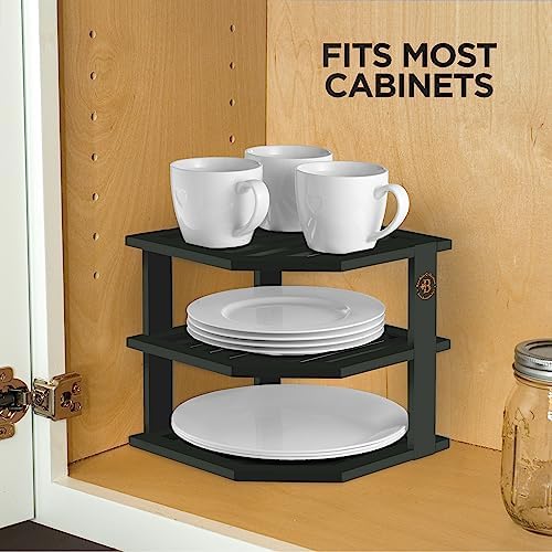 Black Plate Organizer for Cabinet - 3 Tier Bamboo Corner Cabinet Organizer Shelf for Plates Bowls Mugs Cups, Kitchen Cabinet Organizer, Cabinet Shelf Organizer, Countertop Rack, 10 x 10 x 9.5 Inch - Image 4