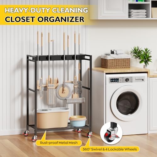 BORISI Broom And Mop Holder, Movable Broom Closet Storage Cabinet, Cleaning Cart with Mop Hanger Gripper Rack, Janitorial Cart, Utility Carts, Laundry Room Organization Home Essentials - Image 6