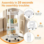 TOOLF 3 Tier Foldable Rolling Cart, Metal Utility Storage Cart, White | Assembly-Free, Lockable Wheels, Round Trolley Organizer for Bathroom, Kitchen, Office, Dorm, Laundry, Craft Room - Image 4