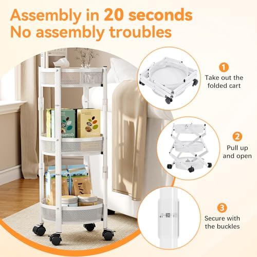 TOOLF 3 Tier Foldable Rolling Cart, Metal Utility Storage Cart, White | Assembly-Free, Lockable Wheels, Round Trolley Organizer for Bathroom, Kitchen, Office, Dorm, Laundry, Craft Room - Image 4