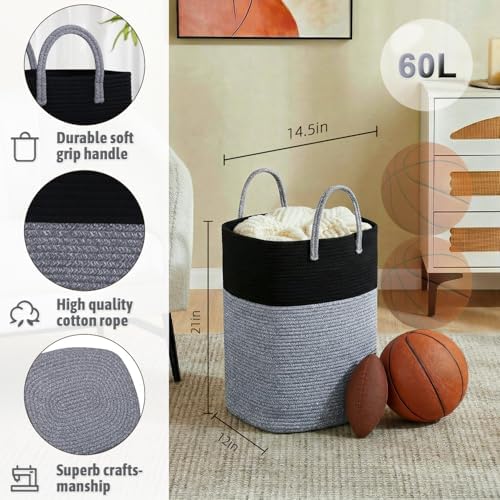 Laundry Basket,Woven Cotton Rope Laundry Hamper,Versatile Storage for Dirty Clothes,Baby Toys,and Blankets in Bathroom, Nursery,and Living Room (Black, 60L) - Image 2