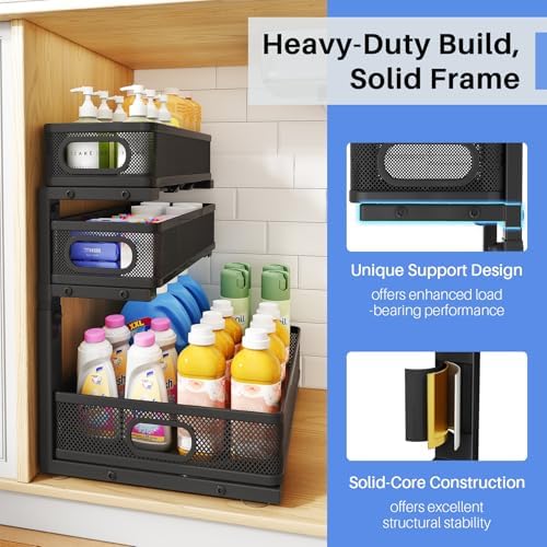 Under Sink Organizer, 3-Tier Thickened Metal Pull out Cabinet Organizer Shelf, Height Adjustable Slide out Storage Drawer Rack for Kitchen Bathroom Pantry Laundry Home Organization, 1-Pack, Black - Image 5