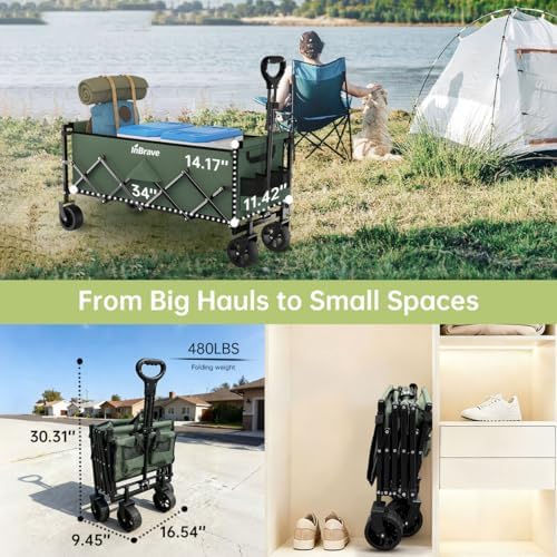 34" Extra Long Collapsible Wagon Cart, 480LBS Capacity, Army Green - Image 2
