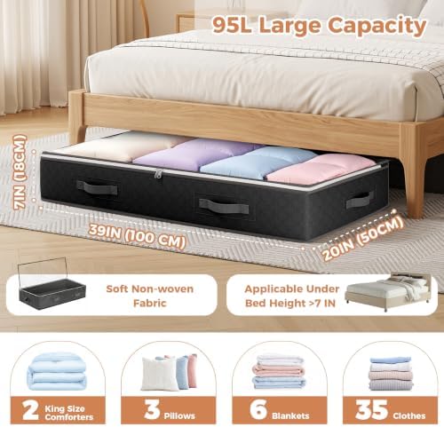 Budding Joy 95L Under Bed Storage Containers, 6 Pack Clothes Storage Bins | Foldable underbed storage bins for linen sheets, blanket, clothing, comforter, sweaters, pillows, wrapping paper, black - Image 3