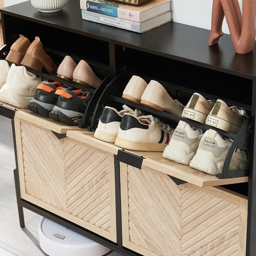 Shoe Cabinet with 4 Flip Drawers, Narrow Entryway Rack, Oak&Black - Image 3