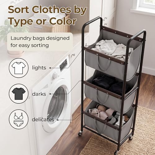 GRANNY SAYS 3 Tiered Laundry Sorter, Narrow Hamper Cart with Wheels - Image 3