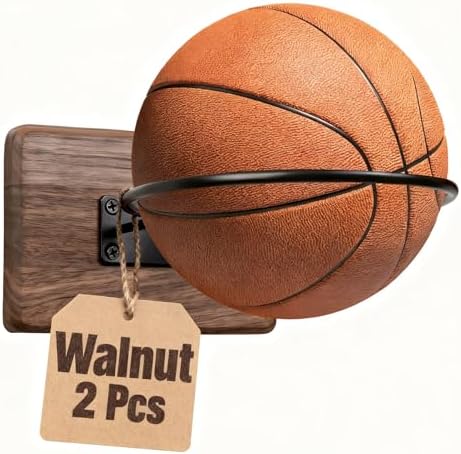 Basketball Holder Wall Mount, Solid Wood Ball Holder for Storage Soccer Volleyball Football Autograph Ball Metal, Basketball Rack Display for Boys Sports Accessories Organizer & Wall Decor by Rovarahoom