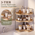 Ripeng 3 Tier Corner Bathroom Counter Organizer, Wooden Vanity Shelf with Metal Guardrails, Space Saving Corner Storage Rack for Bathroom Countertop, Kitchen, Bedroom, Light Brown - Image 5
