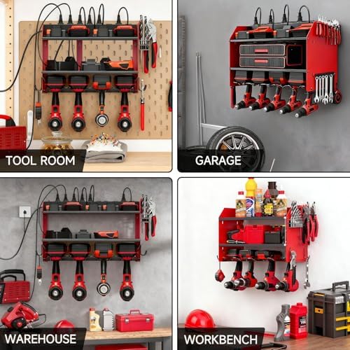 Power Tool Organizer Wall Mount with Charging Station, Heavy Duty 3 Layers Tool Storage Rack with 4 Cordless Drill Holder, Battery Holder with 8 Power Strip, Ideal for Garage, Warehouse, Workshop - Image 6