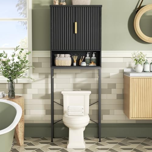 Over The Toilet Storage Cabinet with Fluted Doors and Adjustable Shelf, Tall Bathroom Organizer with Metal Stand Space Saver Over Toilet , Wood Rack for Bathroom, Restroom, Laundry, Natural Black by FiveWillowise