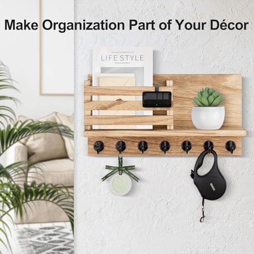 Lwenki Key Holder for Wall – Decorative Wooden Mail Holder and Key Shelf with Mounting Hardware, Installation Guide – Paulownia Wood with Metal Key Hooks (Wood, Extra Large - 15.6inch) - Image 3