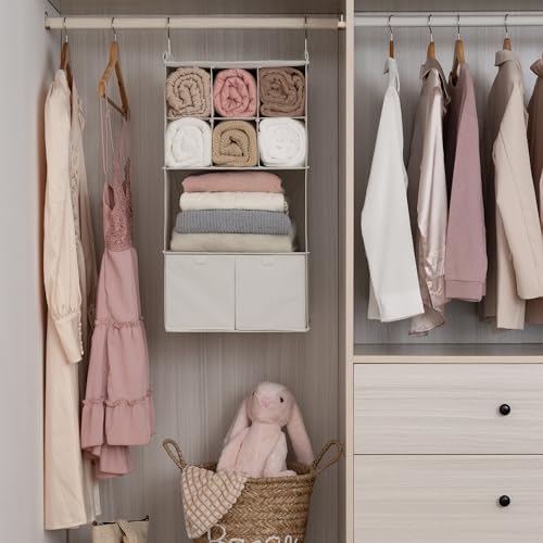 GRANNY SAYS 4-Shelf Hanging Closet Organizer with Drawer, Foldable Storage | Dividers Closet Hanging Organizer, No-Sag Support, Keeps Clothes Neat, Folds Flat, Fits RV, Dorm & Small Closets, Beige - Image 2