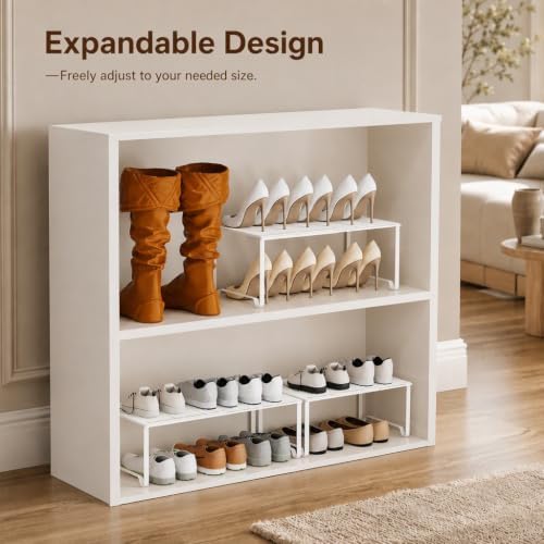 Extendable Metal Wire Shelf Organizer - Adjustable 15-24.4in Length, Stackable Storage Rack for Kitchen/Pantry/Bathroom/Shoe Cabinet/Tool Closet (4, White) - Image 5