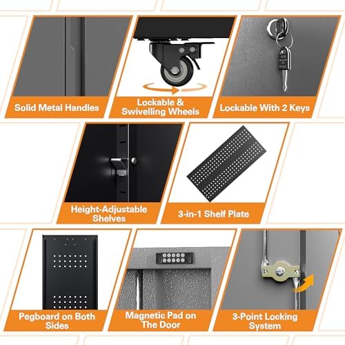 71" H Metal Tool Storage Cabinet with Lock and Wheels, Heavy Duty Garage Cabinet with 4 Doors and 2 Adjustable Shelves, Tool Organizer with Pegboard for Garage, Warehouse (Black&Gray, 71" H) - Image 4