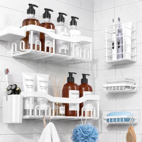 NESOMI Shower Caddy Adhesive Shower Organizer 7-Pack, Rustproof Stainless Steel Bathroom Shelves, Large Capacity No-Drill Rack Storage Accessories with Soap Dish Toothbrush Holder Hooks by OrganizeYourHomeEssentials