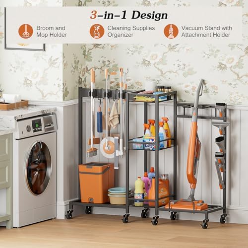 Broom Holder with Cleaning Supplies Organizer, Broom Closet Storage Cabinet with Cleaning Caddy Vacuum Stand, Cleaning Cart with Mop Hanger Gripper Rack Hook, Laundry Room Organization Home Essentials - Image 2