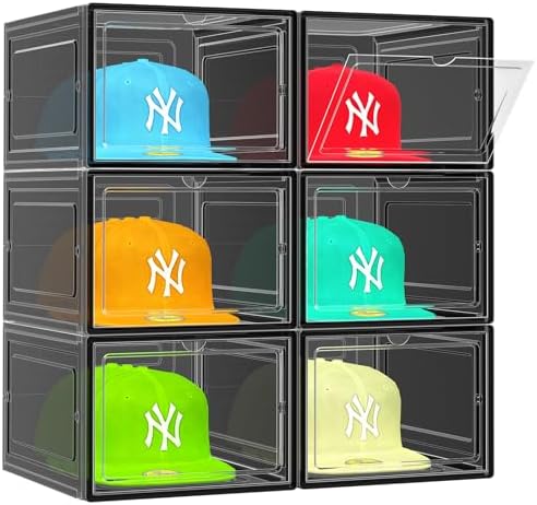 SCAVATA 6 Pack Hat Organizer Box, Stackable Clear Baseball Caps Holder Box Containers with Magnetic Door for Hats Snapback Cap Storag, Hat Rack Display Case, Holds 8 Hats Each (Black) by Tidyyourlife