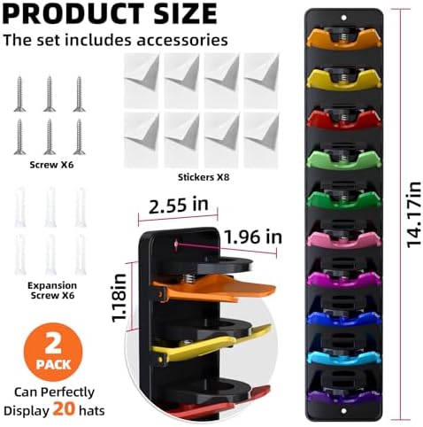 2 Pack Wall Mounted Hat Rack, Hat Organizer for Baseball Caps, Colorful - Image 2