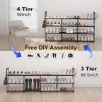 3 Row 4 Tier Long Shoe Rack, Black Metal Stackable Shoe Shelf with Multifunctional Hooks, Shoe Storage Hold 24-30 Pairs, Space Saving Shoe Organizer for Closet,Wide Shoe Rack - Image 5