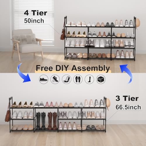 3 Row 4 Tier Long Shoe Rack, Black Metal Stackable Shoe Shelf with Multifunctional Hooks, Shoe Storage Hold 24-30 Pairs, Space Saving Shoe Organizer for Closet,Wide Shoe Rack - Image 5