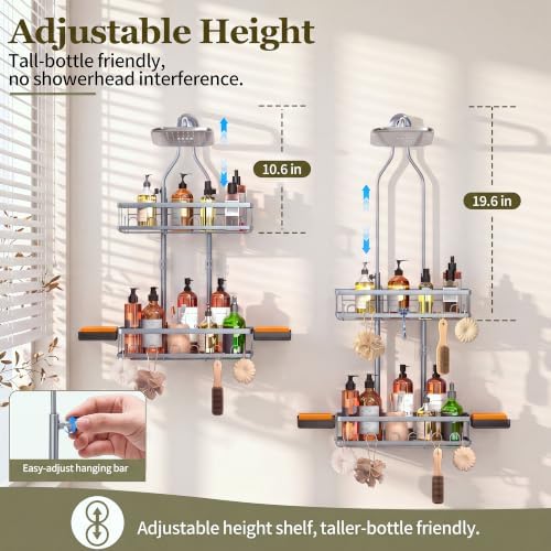 Skyapex Shower Caddy Hanging: Adjustable Height Organizer for Over Showerhead - Rustproof Shower Shelves with Hooks & 2 Soap Holders - Image 3