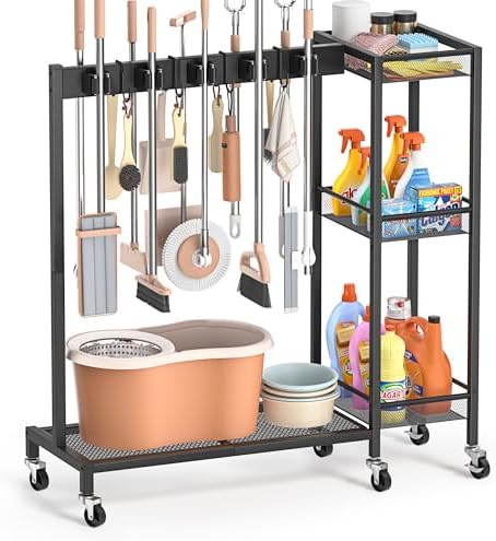 Broom Holder with Cleaning Supplies Organizer, Broom Closet Storage Cabinet with Cleaning Caddy, Cleaning Cart with Mop Hanger Gripper Rack Hooks,Janitorial Housekeeping cart,Laundry Room Organization by Olakee