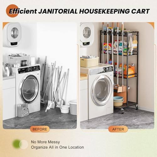 Olakee Taller Broom Holder with Cleaning Supplies Organizer, Broom Closet Storage Cabinet with Mop Hanger Gripper Rack Hooks, Housekeeping Janitorial Cart with Cleaning Caddy, Garage Home Improvement - Image 6