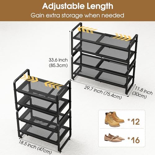 SAYZH Expandable Shoe Rack for Closet, Adjustable Metal Shoe Organizer with Sturdy Mesh Shelves for Boots & Heels, Stackable Shoe Storage for Entryway, Garage, Small Spaces (Black, 4-Tier) - Image 2