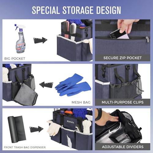 SCAVATA Wearable Caddy Bag, Cleaning Supplies Organizer With Handle & Shoulder Straps for Housekeepers, Under Sink & Car Tool Organizers With 4 Foldable Divider (NavyBlue) - Image 2