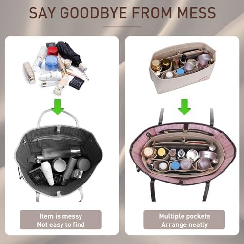 Doxo Purse Organizer Insert for Handbags & Base Shaper 2pc Set, Felt Neverfull MM Organizer Insert, Tote Bag Organizer with Zipper Pocket and Bottle Holder, Fit Speedy 30 Neverfull MM and More,Gray-L - Image 6