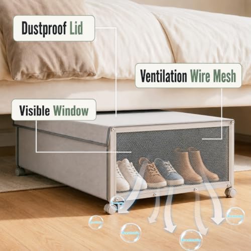 Fokyfok 2Pack Under Bed Storage Containers,10 inch Height,31 inch Long | Under Bed Shoe Storage,Underbed Storage with Wheels,Large Rolling under bed Clothes Storage Drawers,Lid,Dorm Tall,Grey - Image 4