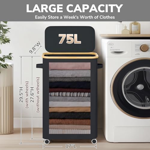 Goodpick 75L Rolling Laundry Basket with Wheels and Lid, Black - Image 3