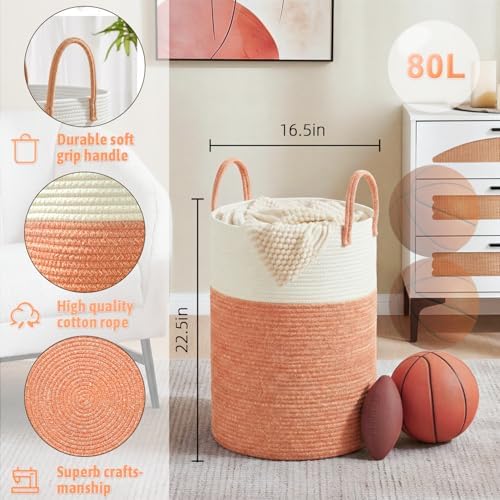 Laundry Basket,Woven Cotton Rope Laundry Hamper,80L for Decor Storage of Dirty Clothes,Toys and Blankets in Bathroom,Baby Room and Living Room - Image 6