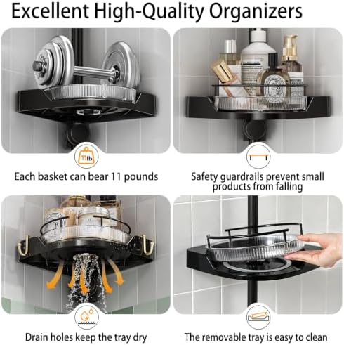 shuang qing 360° Rotating Corner Shower Caddy Tension Pole Organizer, Black - Image 5