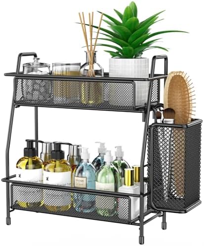 Bathroom Organizer with Basket, 2-Tier Bathroom Tray for Countertop Storage Shelf, Bathroom Counter Organizer, Vanity Organizer and Storage Kitchen Counter Organizers Spice Rack by THENNIKIGO