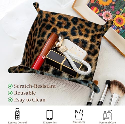 PU Leather Jewelry Valet Tray, Portable Catchall Tray for Keys, Wallet, Watch, Travel Organizer for Nightstand Desk Entryway Home Decor Gift for Women Men Brown Leopard Print - Image 2