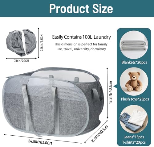 100L Collapsible Laundry Baskets, Tear Proof Pop Up Laundry Hamper with Dual Handles, Large Foldable Laundry Basket, Easy to Carry Laundry Hamper for Home, Laundry Room, Bedroom, Dorm, Travel Grey - Image 4