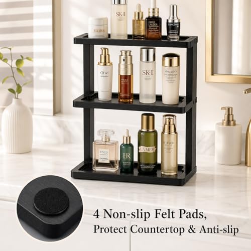 PEKER Bamboo Bathroom Organizer Countertop – Vanity Storage Shelf for Makeup, Perfume, Skincare – Natural Cosmetics Display Rack for Dresser, Sink, Kitchen – Black - Image 6