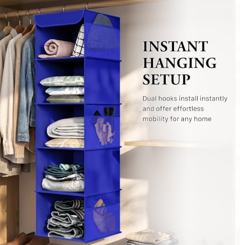 Simple Houseware 5 Shelf Hanging Closet Organizer, Dark Blue | 360° Rotating Dual Hooks, Top Support Metal Frame, 6 Side Mesh Pockets - Image 6