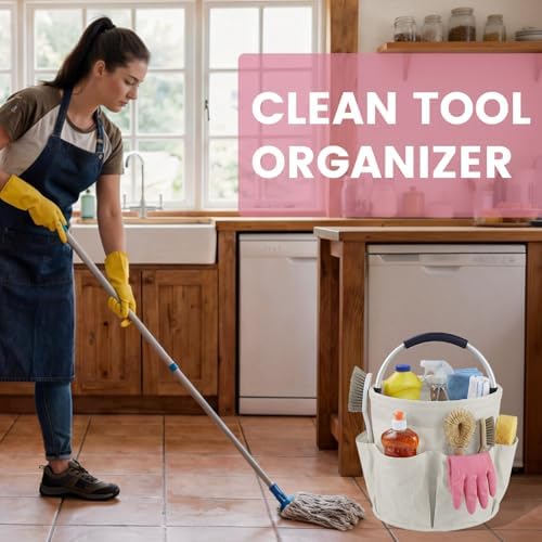 Cleaning Caddy with Handle, 17L Cleaning Supplies Organizer, Off-White - Image 2