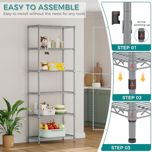 SINGAYE 6 Metal Shelves Wire Shelving Storage Shelf Adjustable Unit Pantry - Image 7