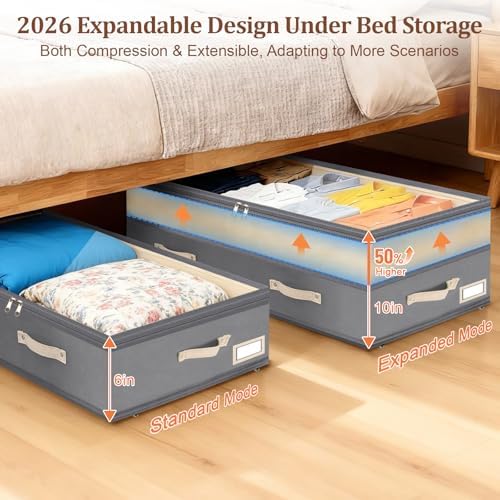 Dolicer 4 Pack Under Bed Storage with Wheels, 6in-10in Height Adjustable Underbed Storage Containers, 92L XXXL Under Bed Drawers Rolling Bin with Clear Lids for Dorm Shoes Clothes Organizers(Grey) - Image 2