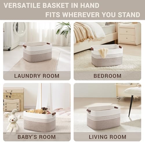 45L Small Woven Laundry Basket Hamper with Leather Handles,Brown - Image 5